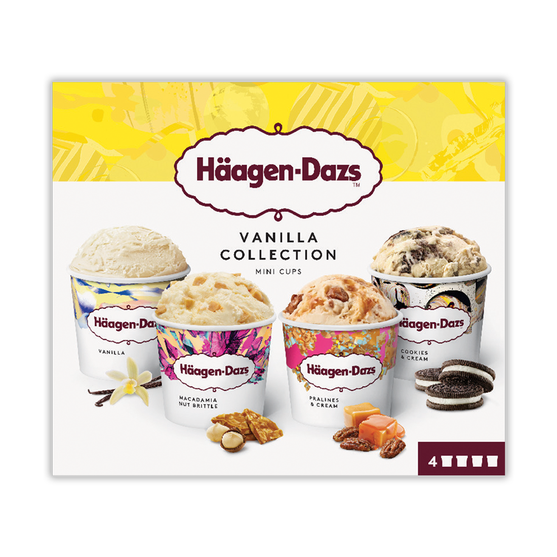 Haagen Dazs Vanilla Collection mini cups including vanilla, macadamia nut brittle, pralines & cream, and cookies & cream; front of package